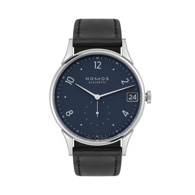 Handaufzug, Damen- und Herrenuhr, NOMOS Glashütte Minimatik 39 Datum blau