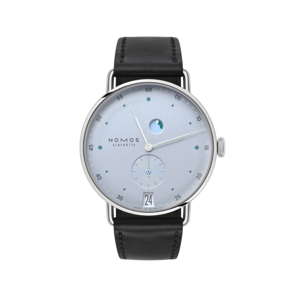         Damen- und Herrenuhr, Handaufzug, NOMOS Glashütte Metro Datum Gangreserve eisblau